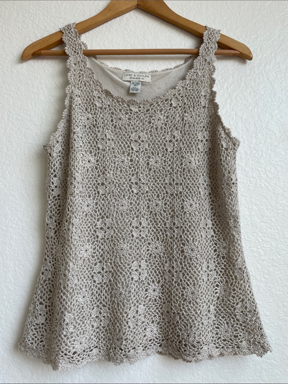 Lord & Taylor Beige Linen-Blend Crochet Shell Top
